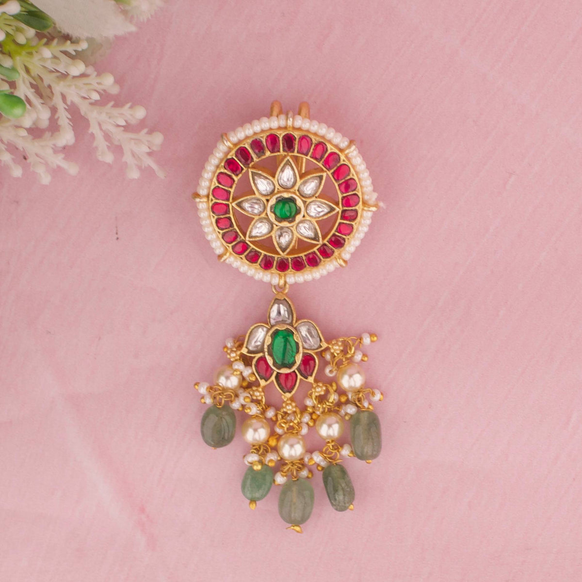 Floral Design Jadau Kundan Hair Pin With Green Drops
