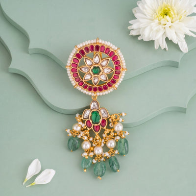Floral Design Jadau Kundan Hair Pin With Green Drops