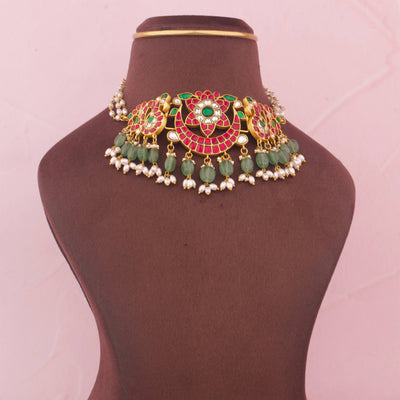 Gold Look Jadau Kundan Multi Colour Choker - Handcrafted Indian Bridal Jewelry by Dulhan Jewels