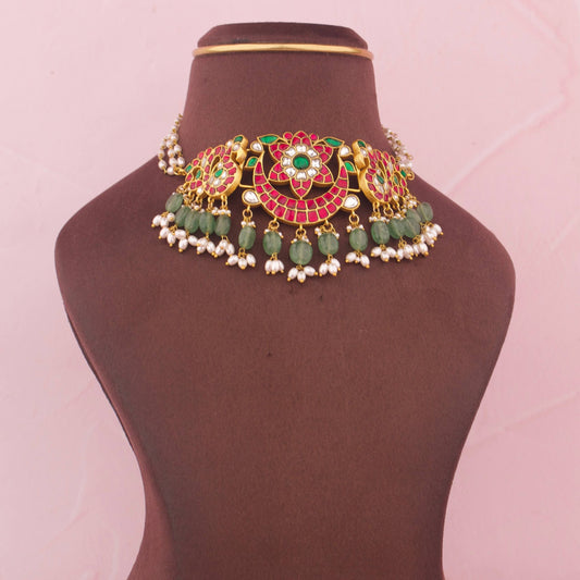 Gold Look Jadau Kundan Multi Colour Choker - Handcrafted Indian Bridal Jewelry by Dulhan Jewels