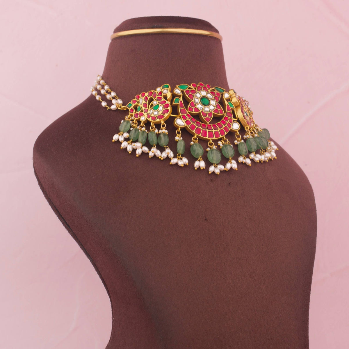 Gold Look Jadau Kundan Multi Colour Choker Craftsmanship & Detail View - Dulhan Jewels