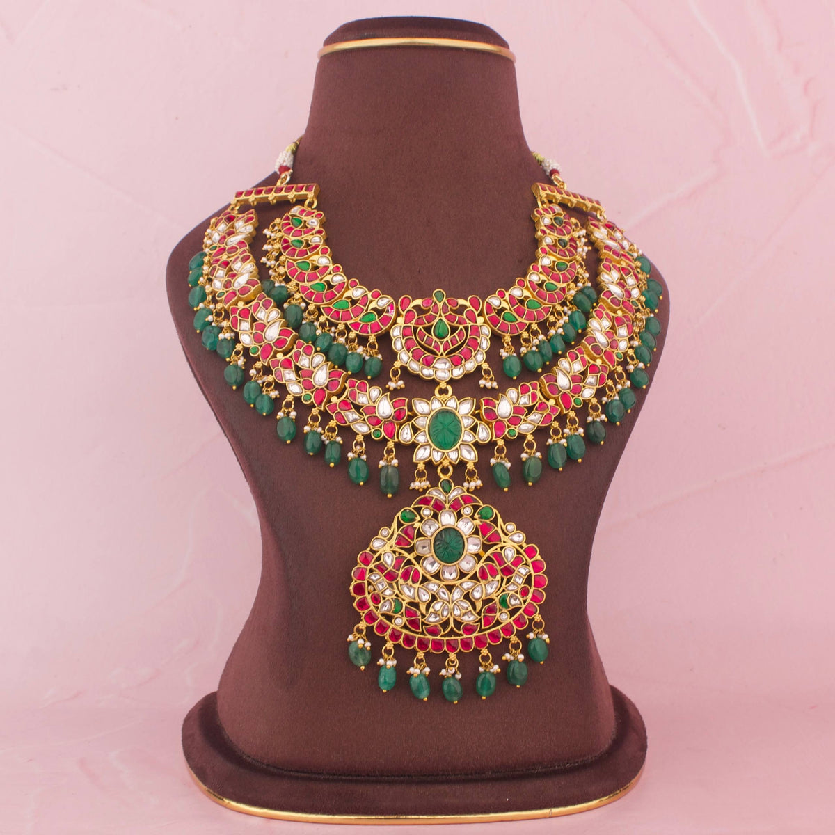 Bridal Jadau Kundan Exclusive 2 Step Necklace With Green Drops - Handcrafted Indian Bridal Jewelry by Dulhan Jewels