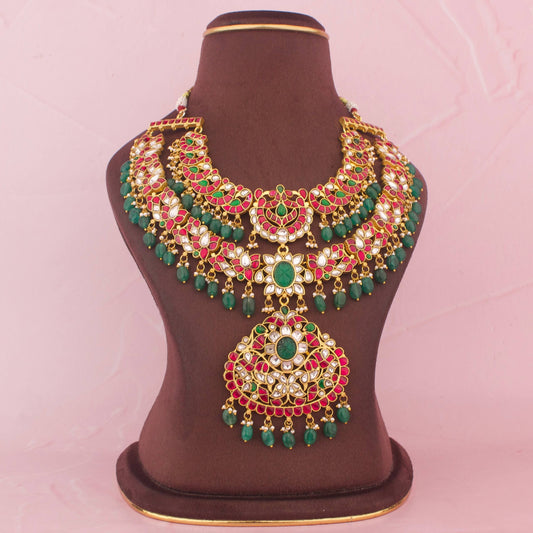 Bridal Jadau Kundan Exclusive 2 Step Necklace With Green Drops - Handcrafted Indian Bridal Jewelry by Dulhan Jewels