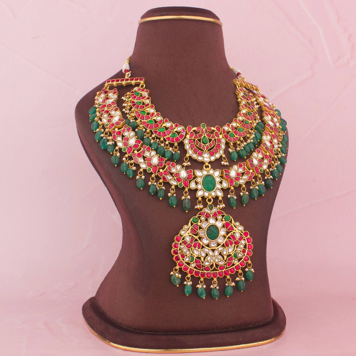 Bridal Jadau Kundan Exclusive 2 Step Necklace With Green Drops Craftsmanship & Detail View - Dulhan Jewels