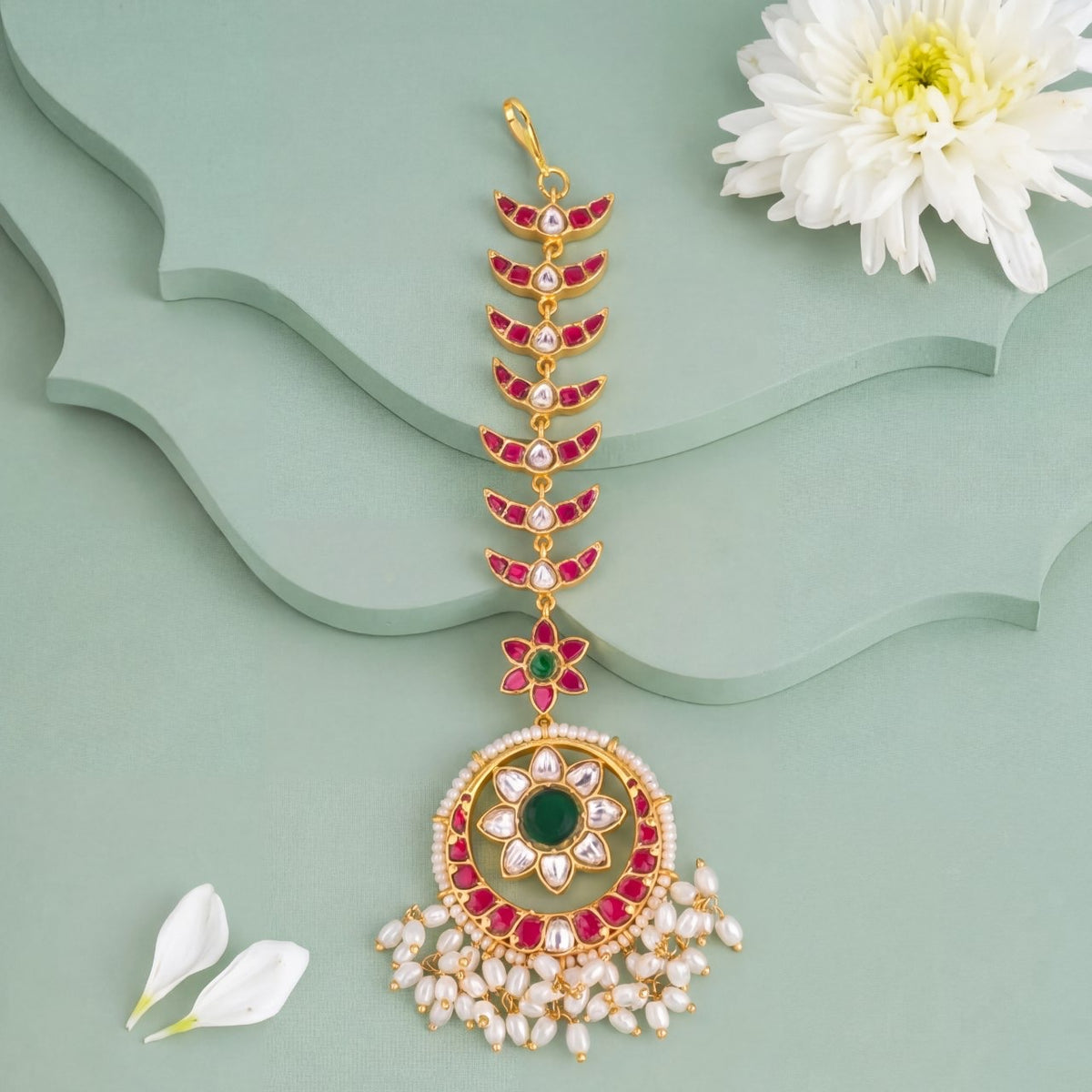 Ethnic Jadau Kundan Maang Tikka With Ricepearl Hangings - Handcrafted Indian Bridal Jewelry by Dulhan Jewels
