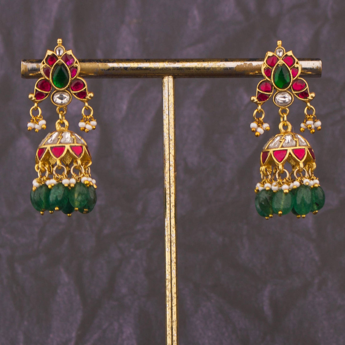 Classic Jadau Kundan Jhumka Earrings With Green Drops - Handcrafted Indian Bridal Jewelry by Dulhan Jewels