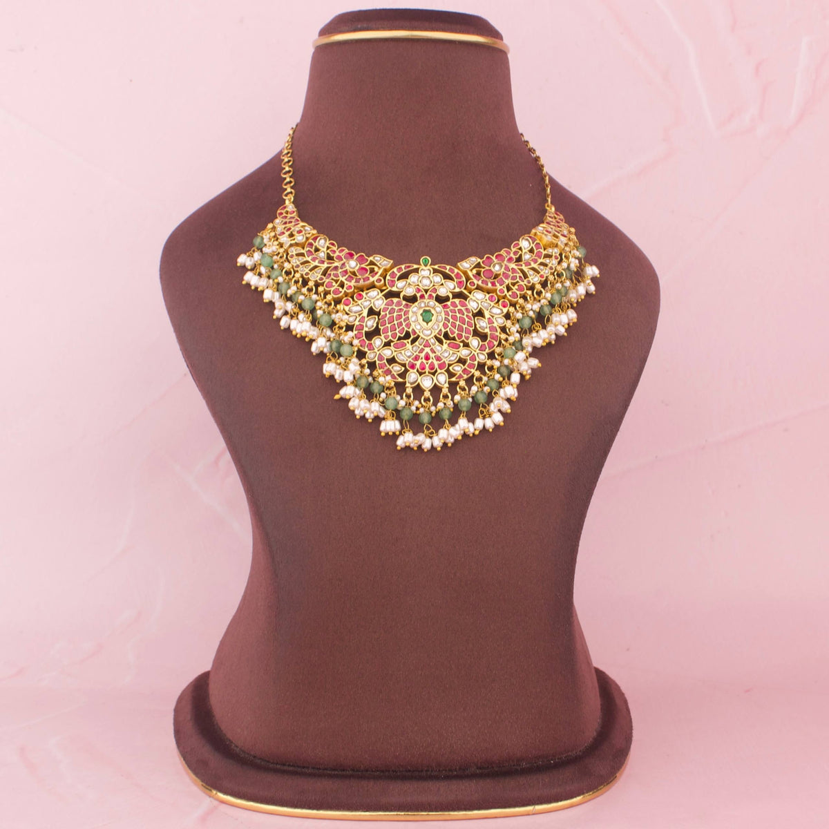 Elegant Gold Style Jadau Kundan Necklace With Ricepearl Hangings - Handcrafted Indian Bridal Jewelry by Dulhan Jewels