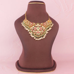 Elegant Gold Style Jadau Kundan Necklace With Ricepearl Hangings - Handcrafted Indian Bridal Jewelry by Dulhan Jewels