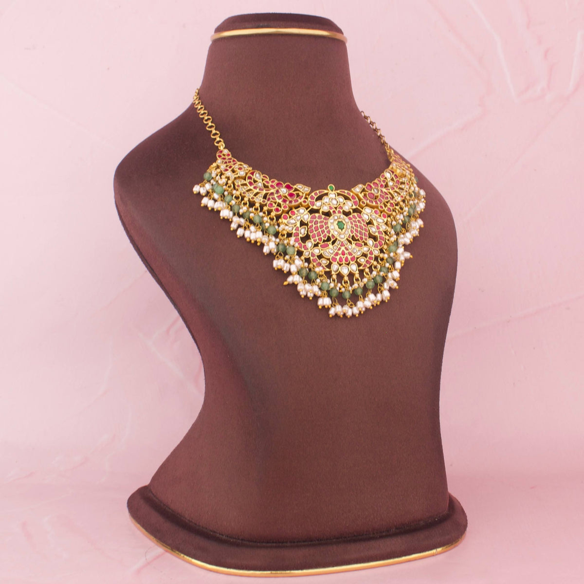 Elegant Gold Style Jadau Kundan Necklace With Ricepearl Hangings Craftsmanship & Detail View - Dulhan Jewels