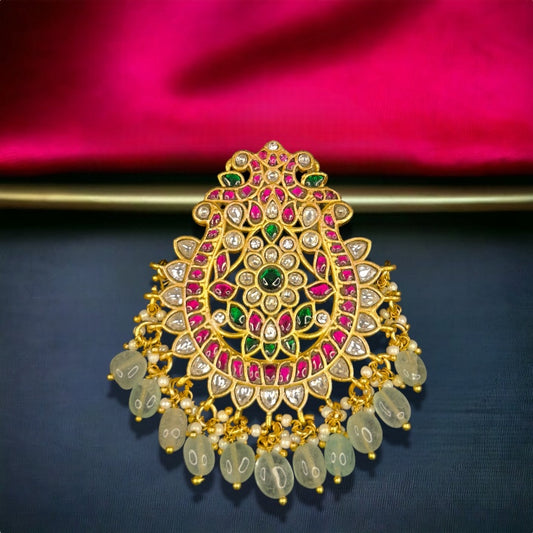 Regal Floral Design Jadau Kundan Pendant with Green Beads 22k Gold plating. This product belongs to Jadau Kundan Jewellery category