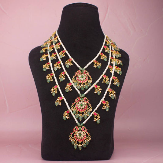 Traditional Jadau Kundan 3-Layered Necklace With Peacock Locket