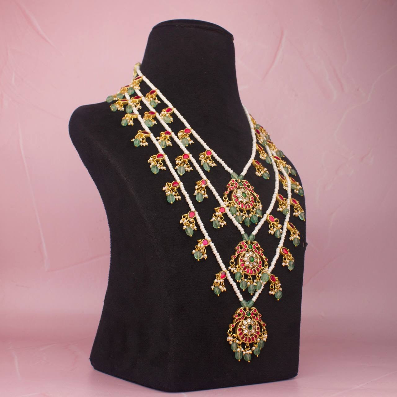Traditional Jadau Kundan 3-Layered Necklace With Peacock Locket