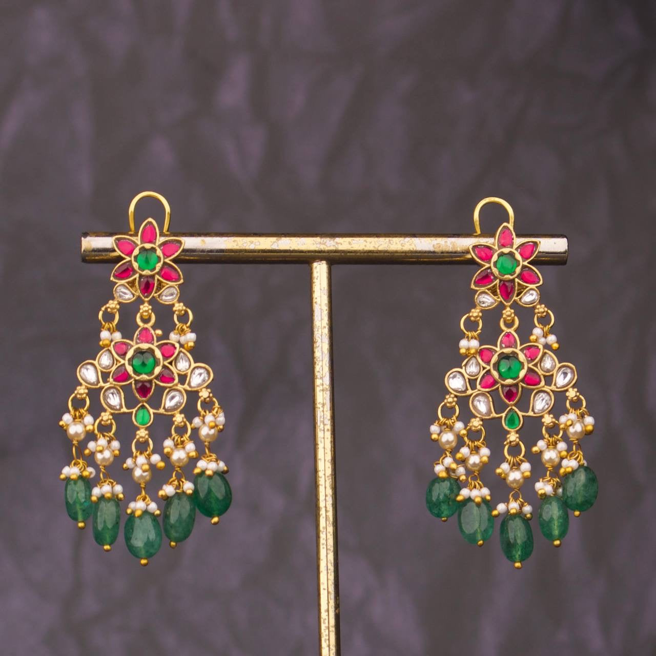 Floral Jadau Kundan Chandbali Hangings Earrings