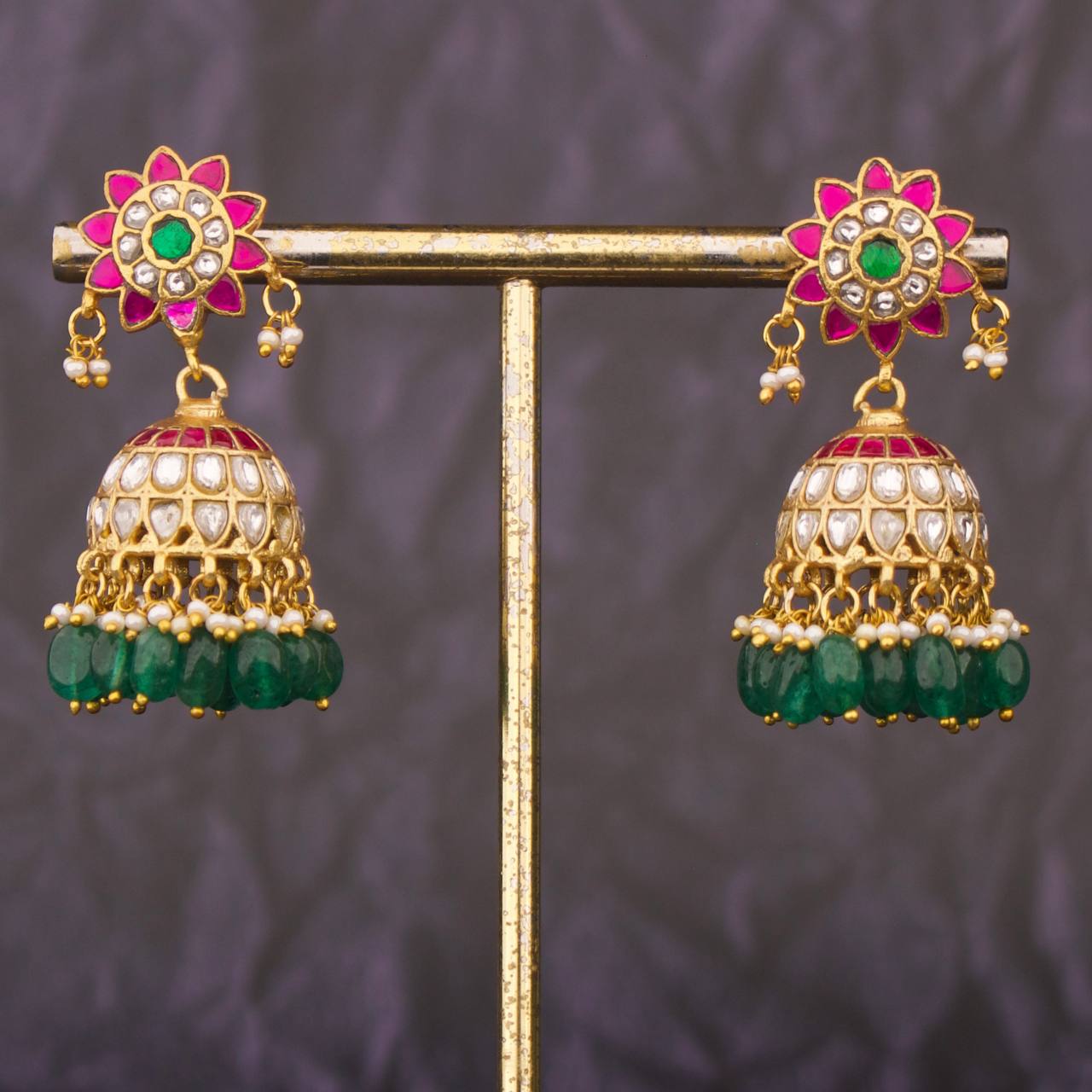 Floral Studded Multi Coloured Jadau Kundan Jhumki Earrings