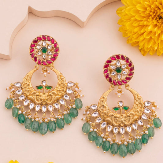 Traditional Jadau Kundan Chandbali Earrings With Green Beads - Handcrafted Indian Bridal Jewelry by Dulhan Jewels