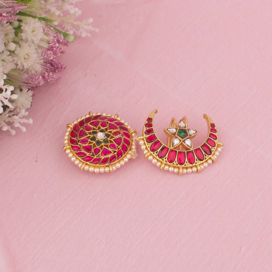 Royal Crescent Moon & Sun Kundan Hairpin With Pearl Detailing