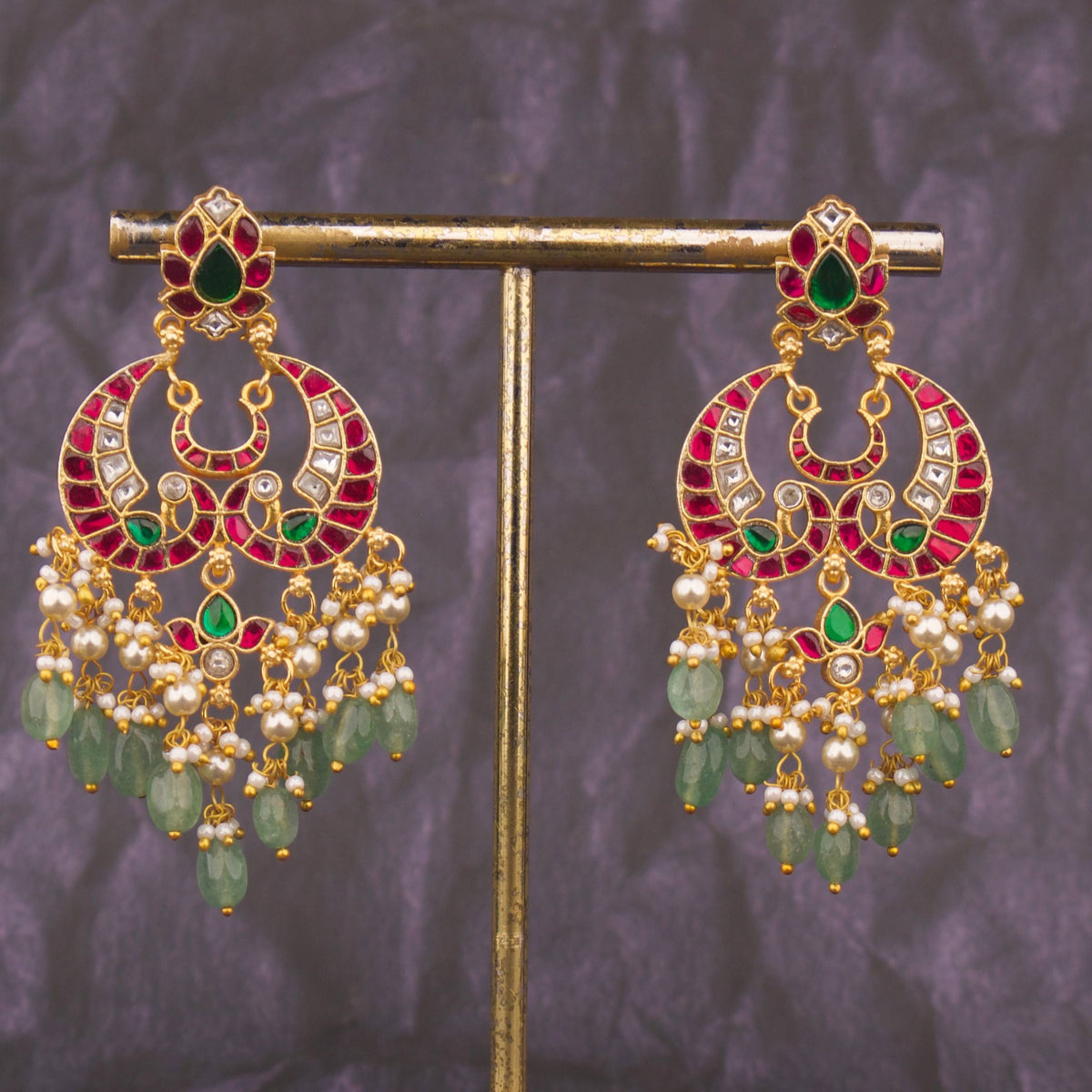 Regal Jadau Kundan Chandbali Earrings With Green Drops