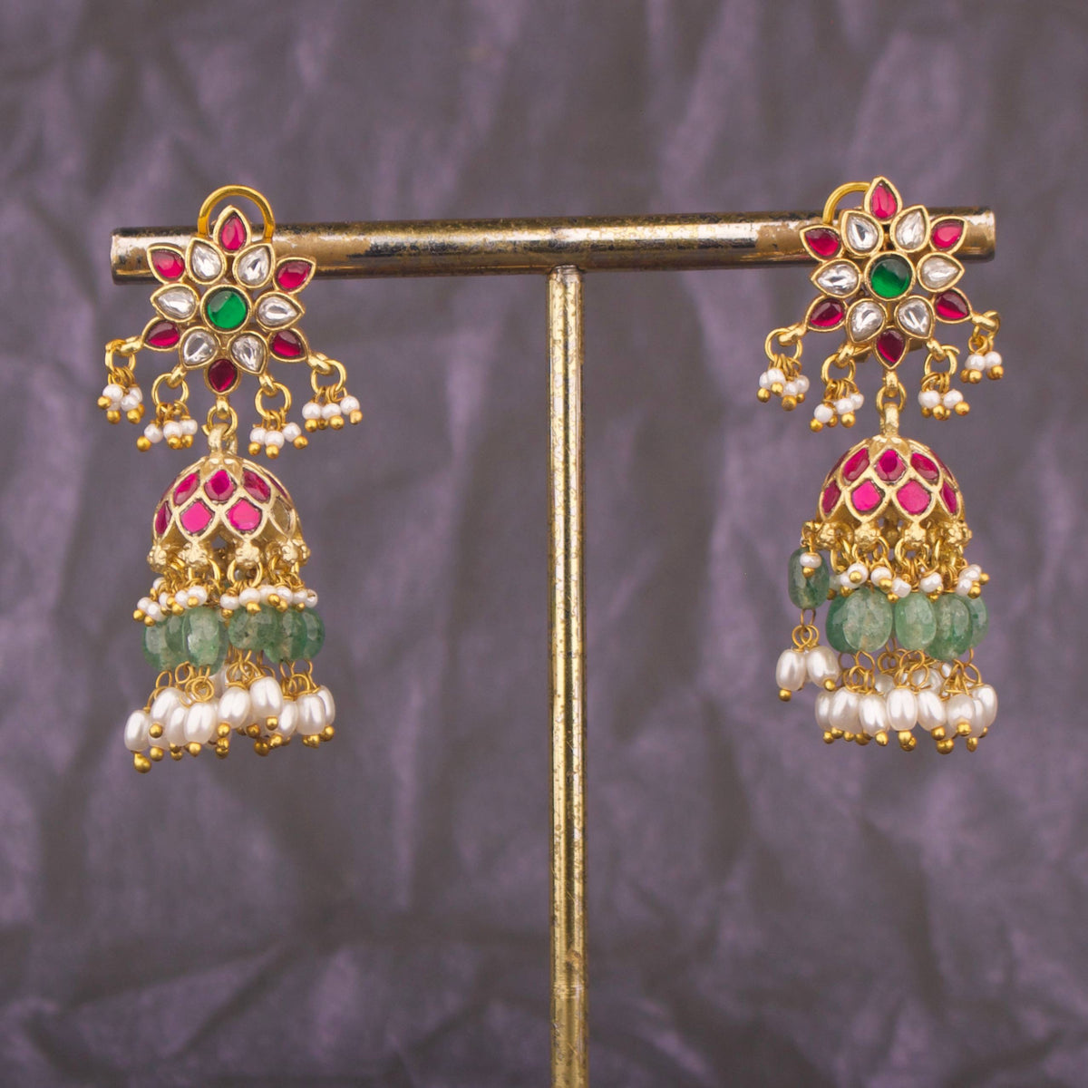Exquisite Jadau Kundan Jhumki Earrings With Rice Pearl Drops