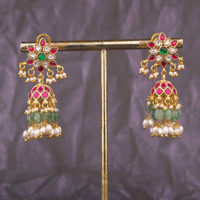 Exquisite Jadau Kundan Jhumki Earrings With Rice Pearl Drops