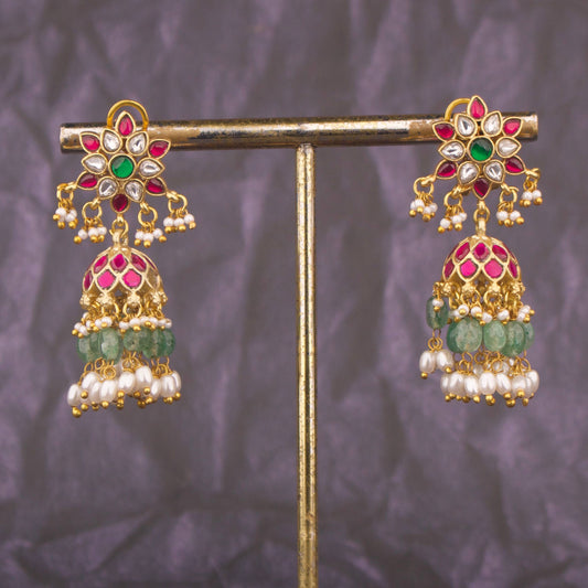 Exquisite Jadau Kundan Jhumki Earrings With Rice Pearl Drops