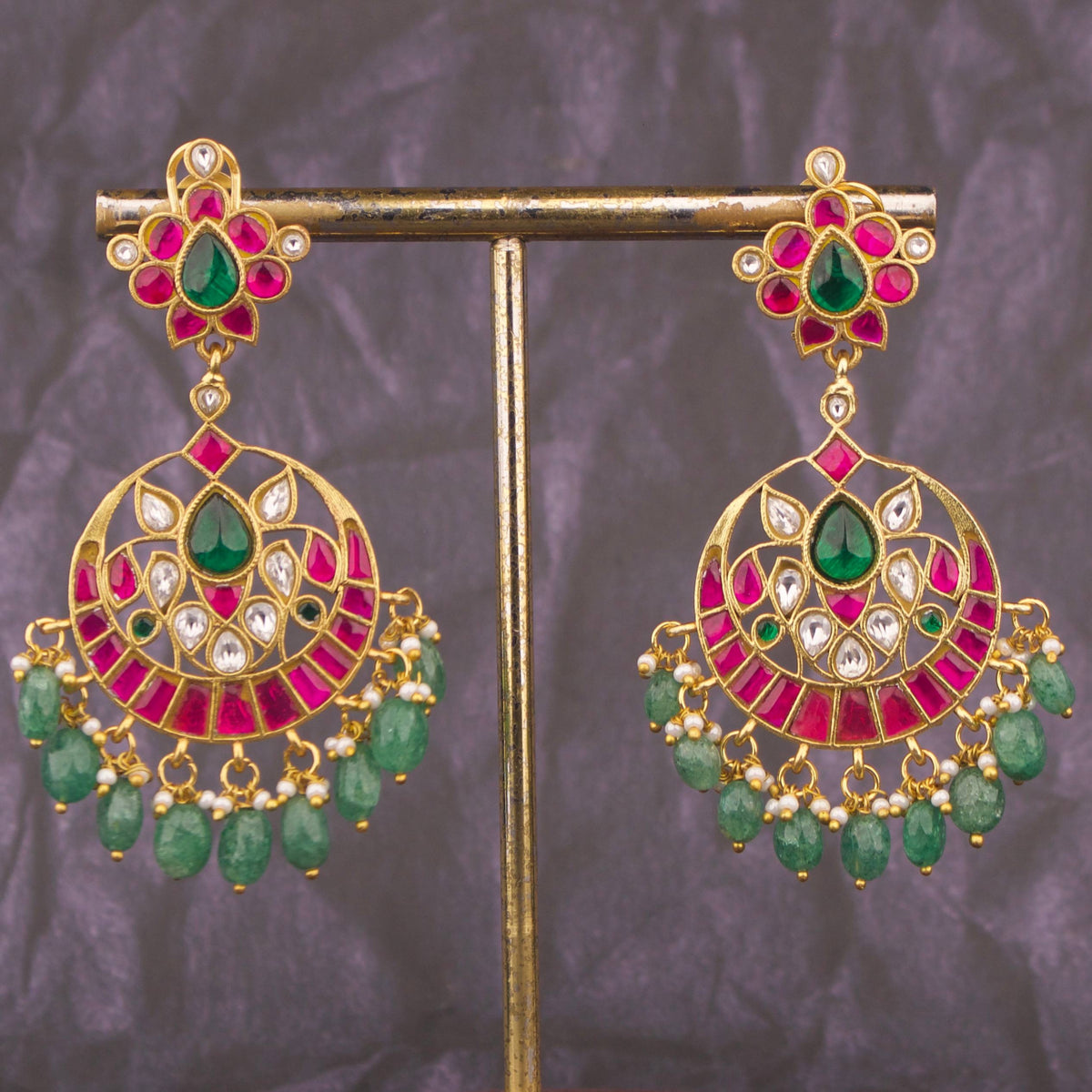 Opulent Chandbali Earrings With Emerald Drops