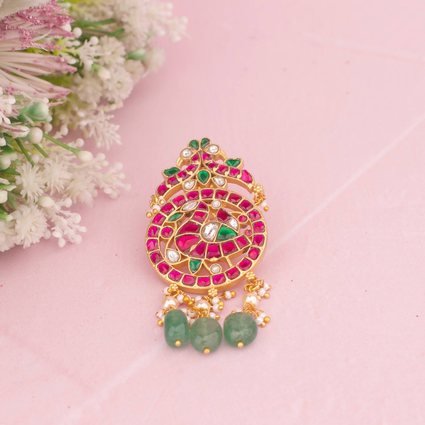 Royal Circular Peacock Motif Jadau Kundan Pendant With Green Drops