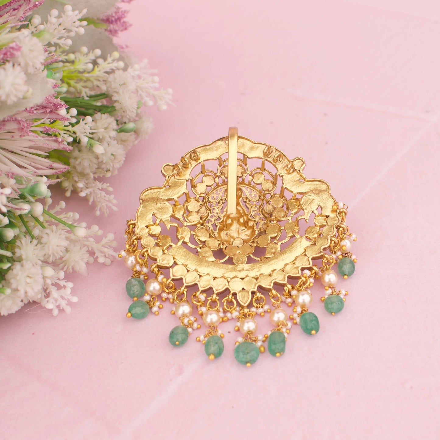 Bridal Lakshmi Devi Temple Design Jadau Kundan Pendant With Pearl Hangings And Green Drops