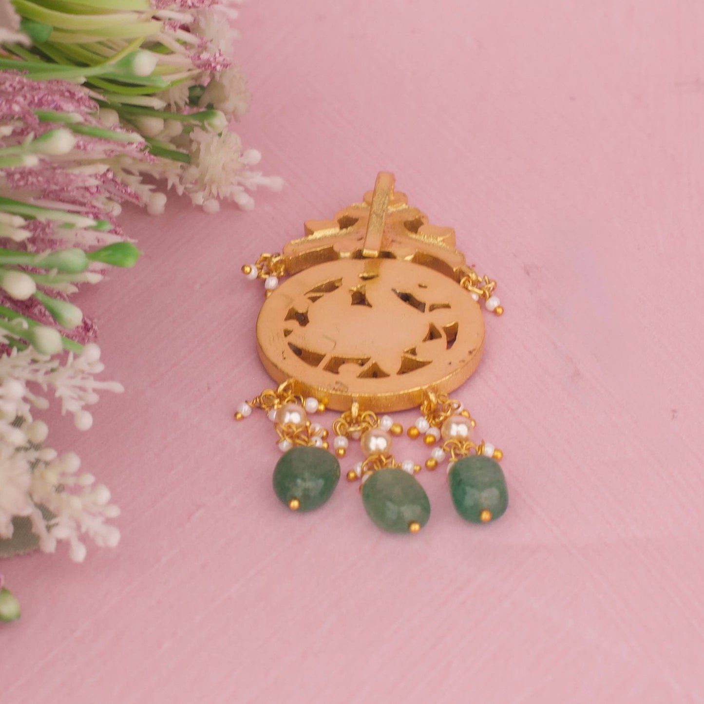 Royal Circular Peacock Motif Jadau Kundan Pendant With Green Drops