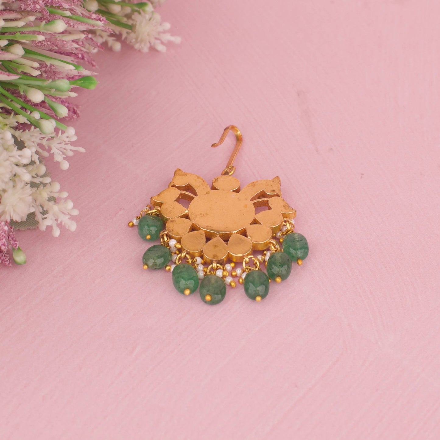 Peacock Jadau Kundan Floral Maangtika With Emerald Drops