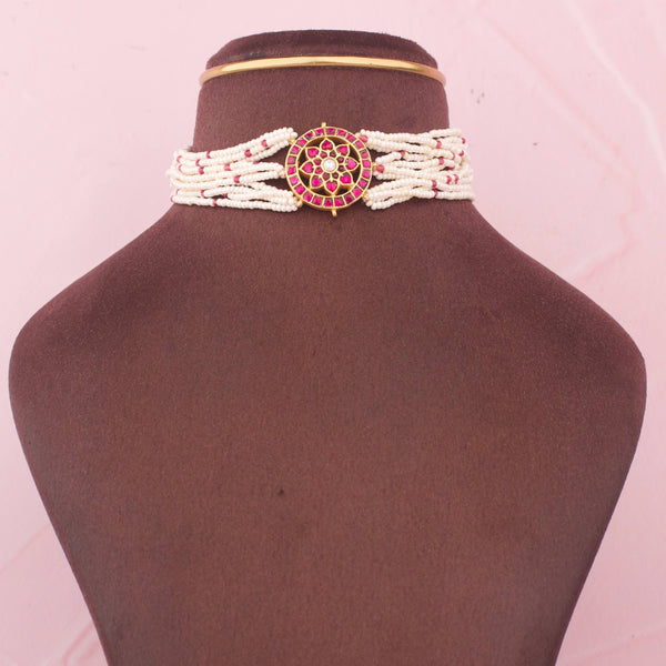 Multi Strand Pearl Choker with Ruby Kundan Floral Element