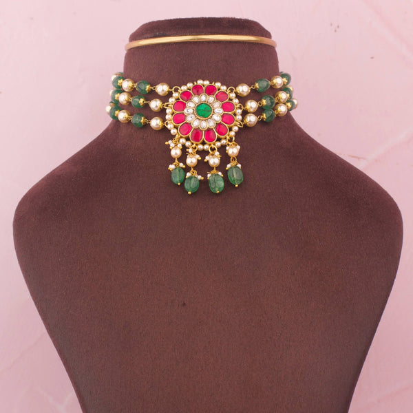 Beaded Pearl Choker With Floral Kundan Centerpiece And Green Drops