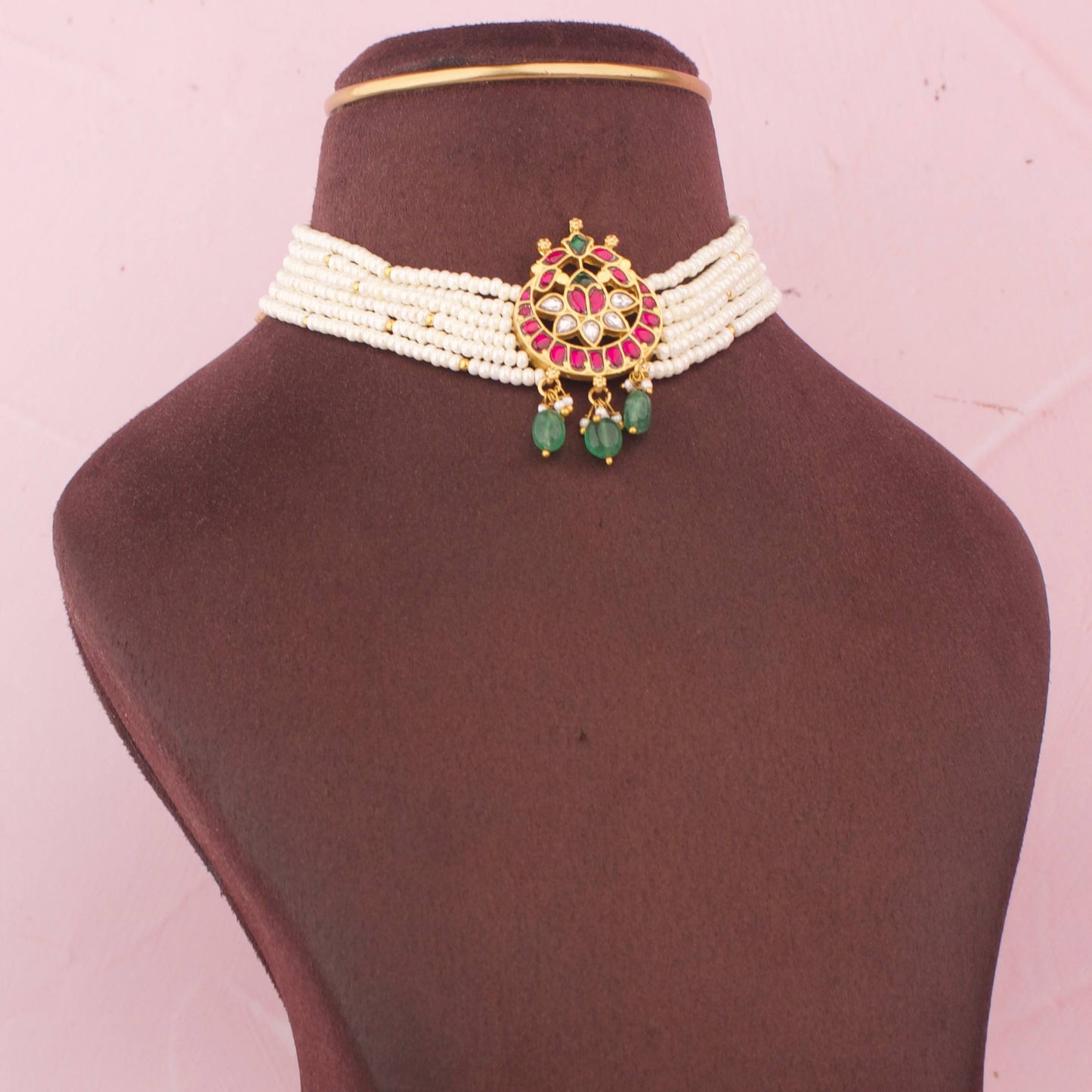 Elegant Pearl Choker Necklace With Ruby And Emerald Kundan Work