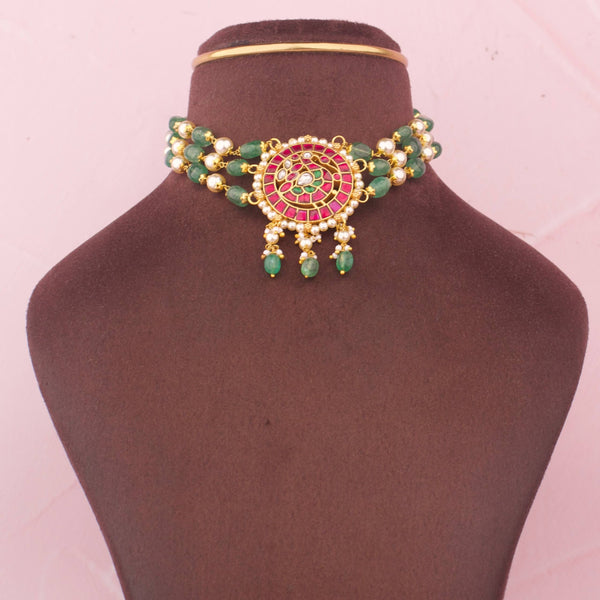 Traditional Beaded Choker with Floral Kundan Pendant And Pearl Drops