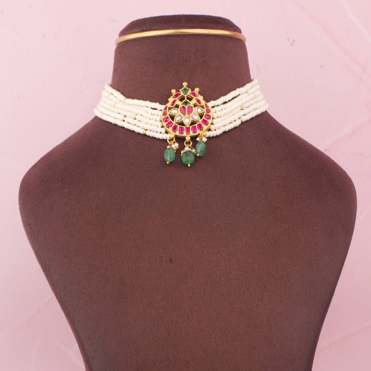 Elegant Pearl Choker Necklace With Ruby And Emerald Kundan Work