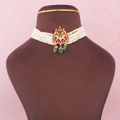 Elegant Pearl Choker Necklace With Ruby And Emerald Kundan Work
