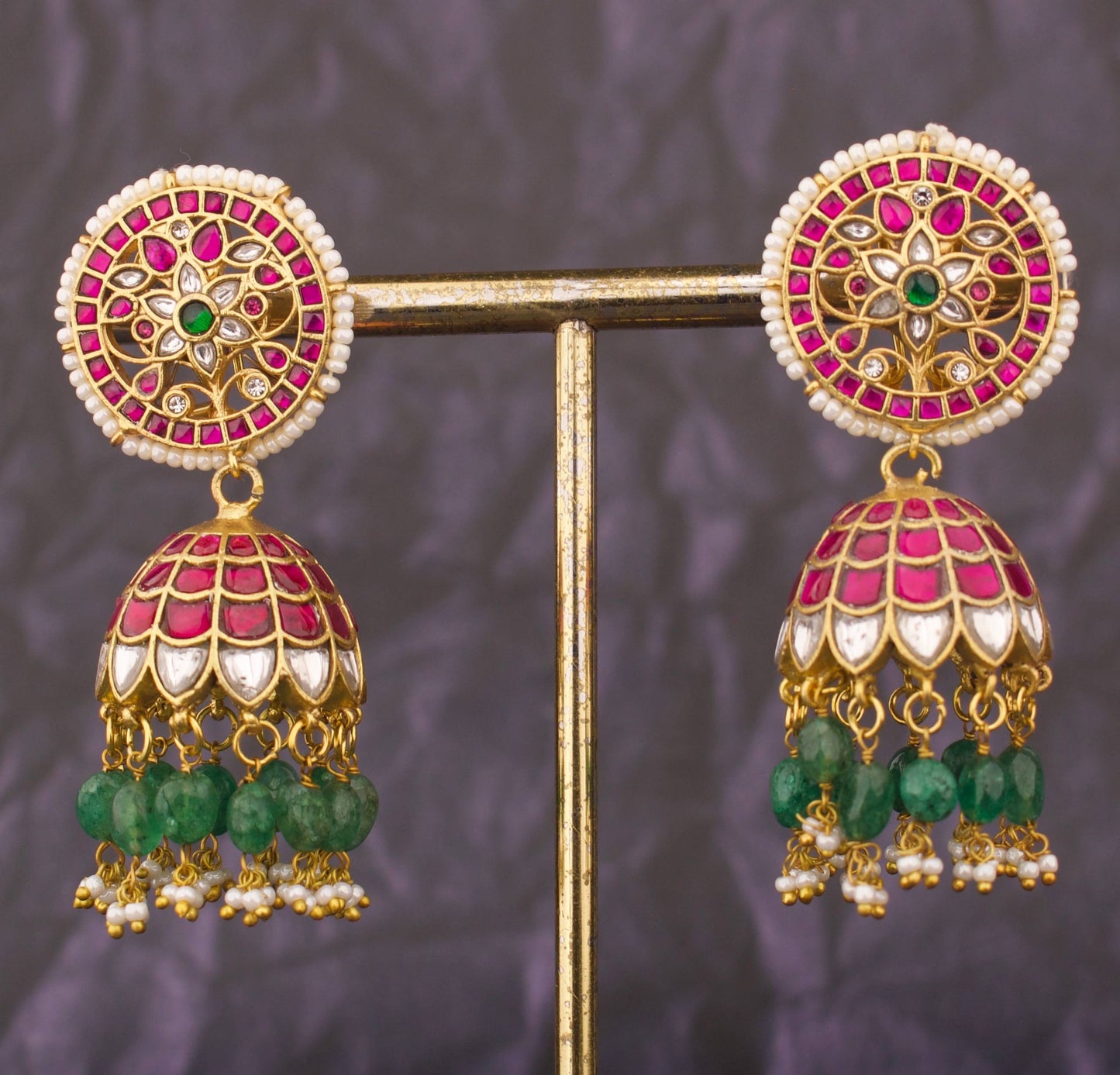 Bridal Jadau Kundan Jhumki Earrings With Strawberry Beads Hanging