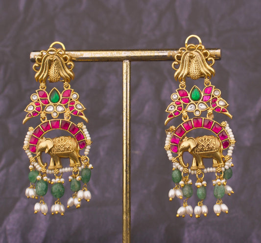 Antique Finish Temple Elephant Earrings With Pearl Hangings