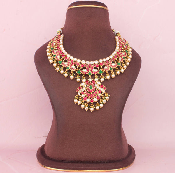 Classic Jadau kundan Necklace with Ruby Tones And Pearl Finish