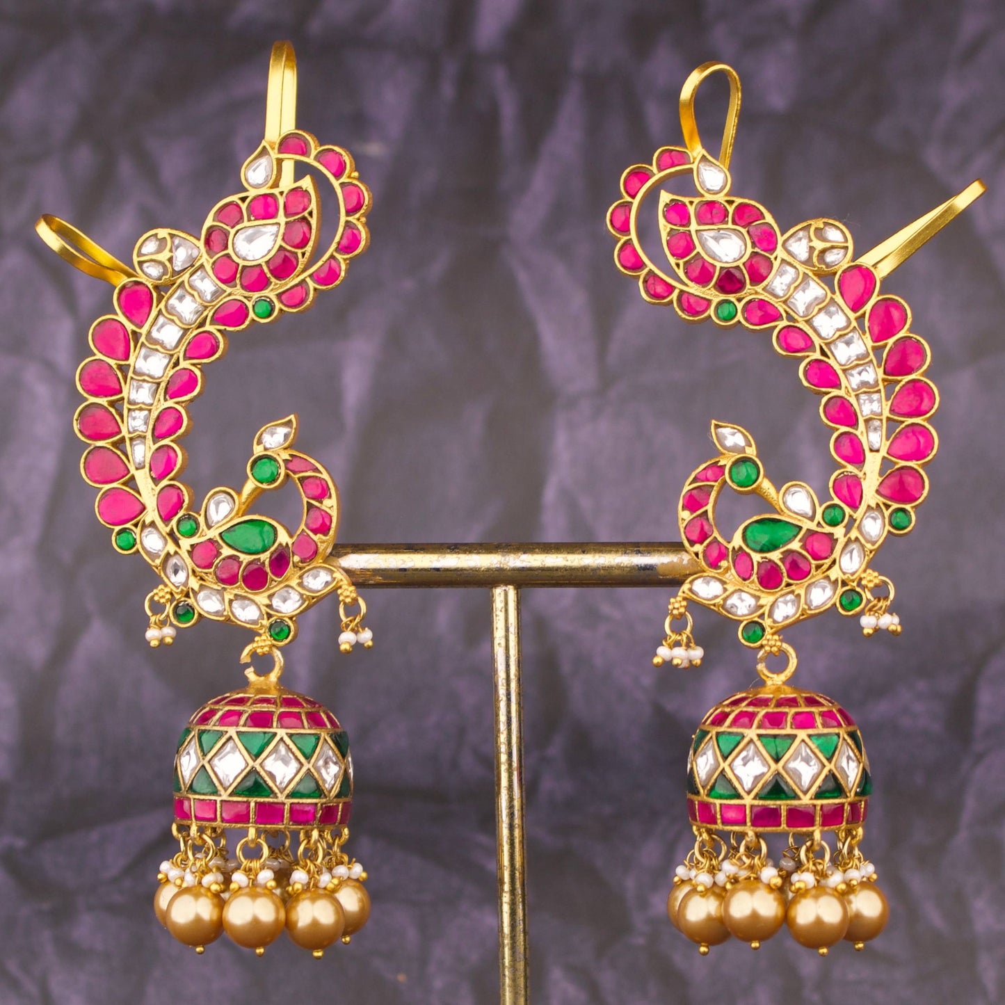Bridal Jadau Kundan Peacock Earcuff With Jhumka Drops