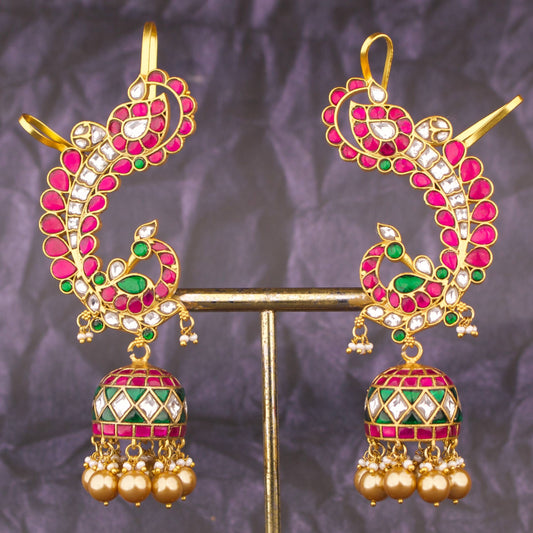Bridal Jadau Kundan Peacock Earcuff With Jhumka Drops