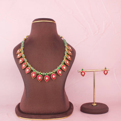 Elegant Jadau Kundan Beads Necklace Set With Ruby Leaf Motifs