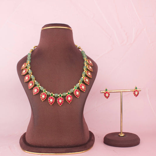 Elegant Jadau Kundan Beads Necklace Set With Ruby Leaf Motifs