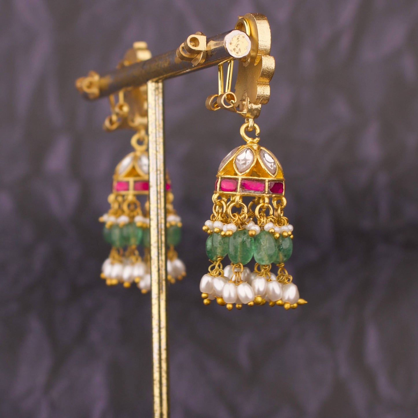 Ethereal Jadau Kundan Studded Jhumka Earrings With Emerald Green Drops