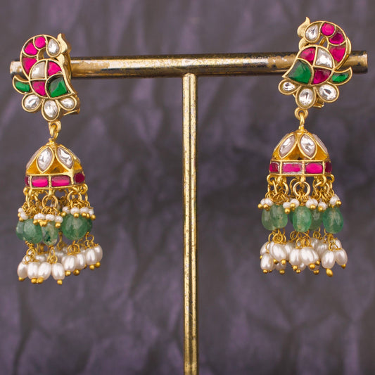 Ethereal Jadau Kundan Studded Jhumka Earrings With Emerald Green Drops