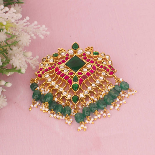 Peacock Jadau Kundan Pendant With Emerald Drops