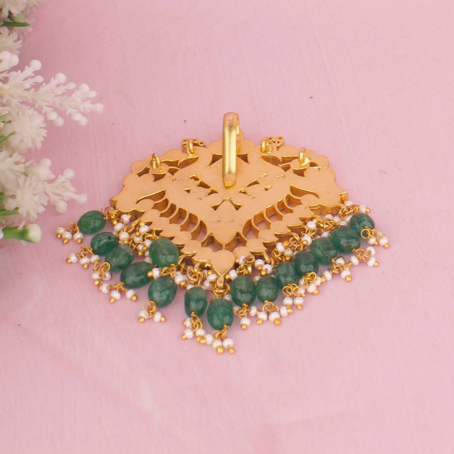 Peacock Jadau Kundan Pendant With Emerald Drops