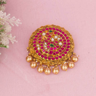 Antique Jadau Kundan Pendant With Pink Stone Embellishments And Golden Latkans