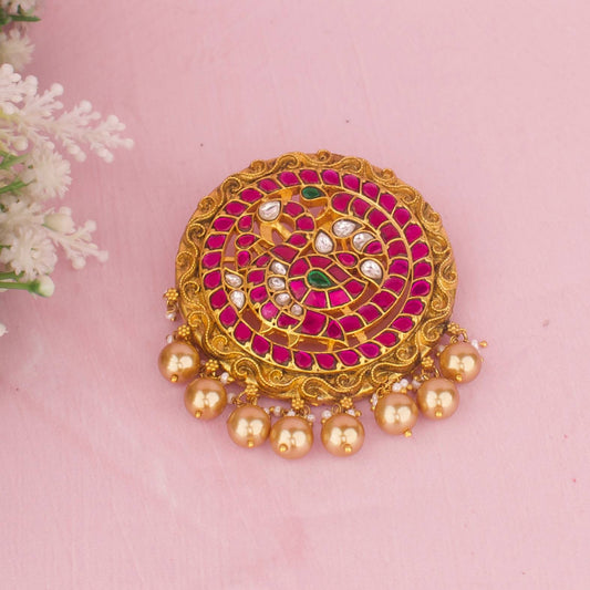 Antique Jadau Kundan Pendant With Pink Stone Embellishments And Golden Latkans