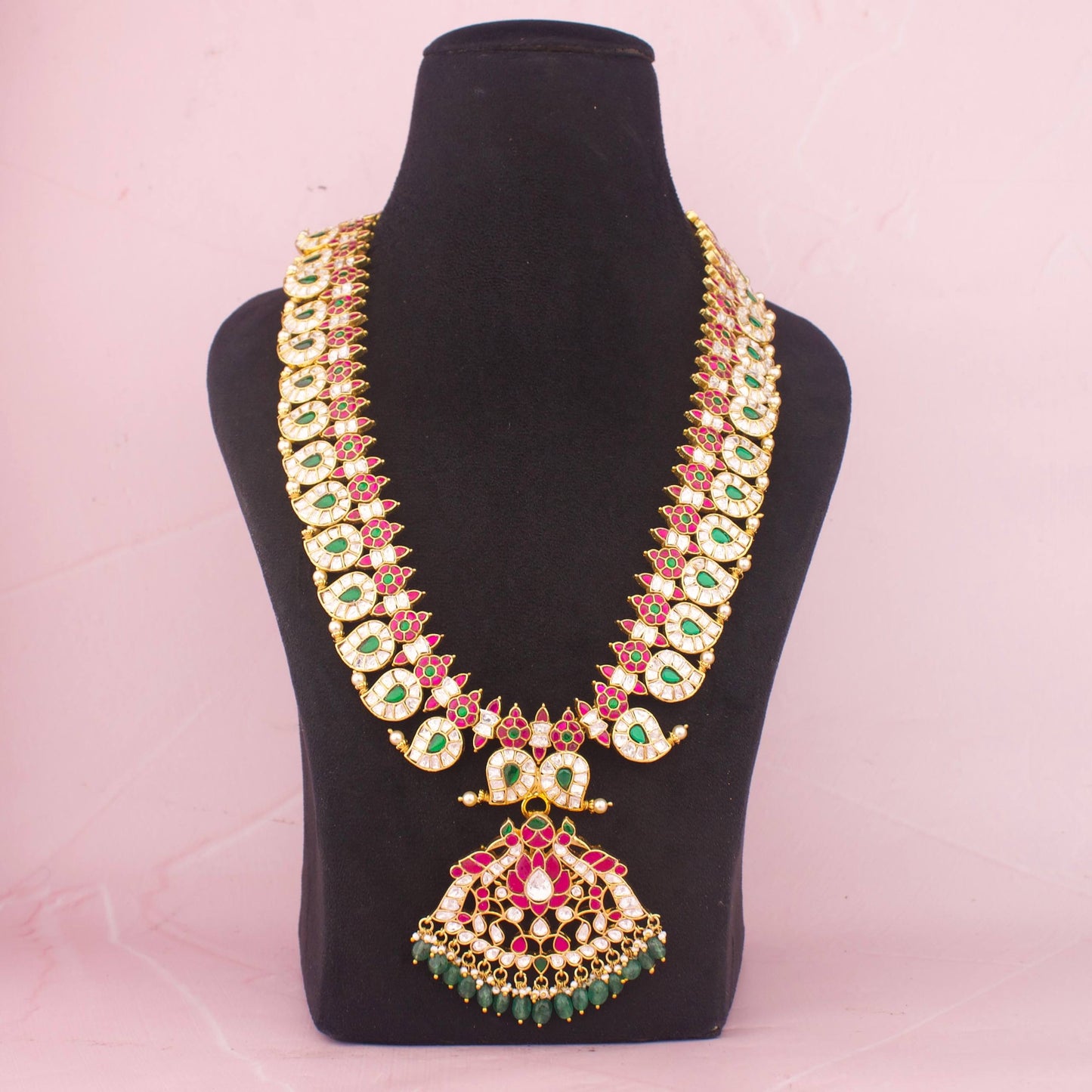 Grand Mango Design Jadau Kundan Long Haram Necklace With Pendant