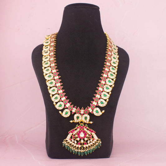 Grand Mango Design Jadau Kundan Long Haram Necklace With Pendant